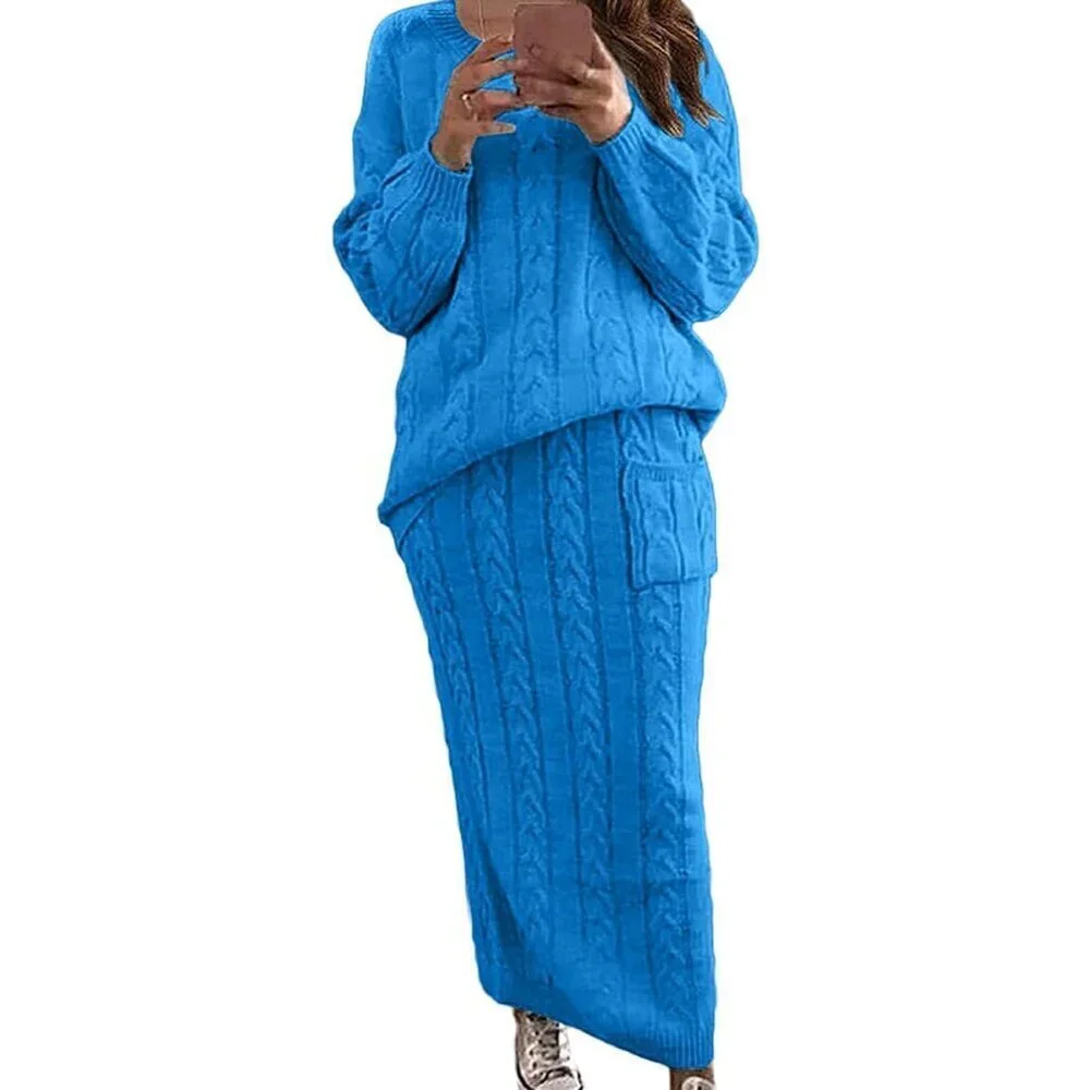 Women's Winter Knit Sweater Set Long Skirt Casual Street Office Outfit